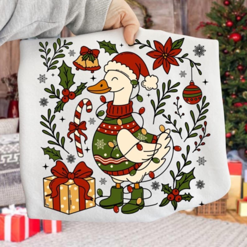 Christmas Goose with santa Hat and lights  DTF transfer
