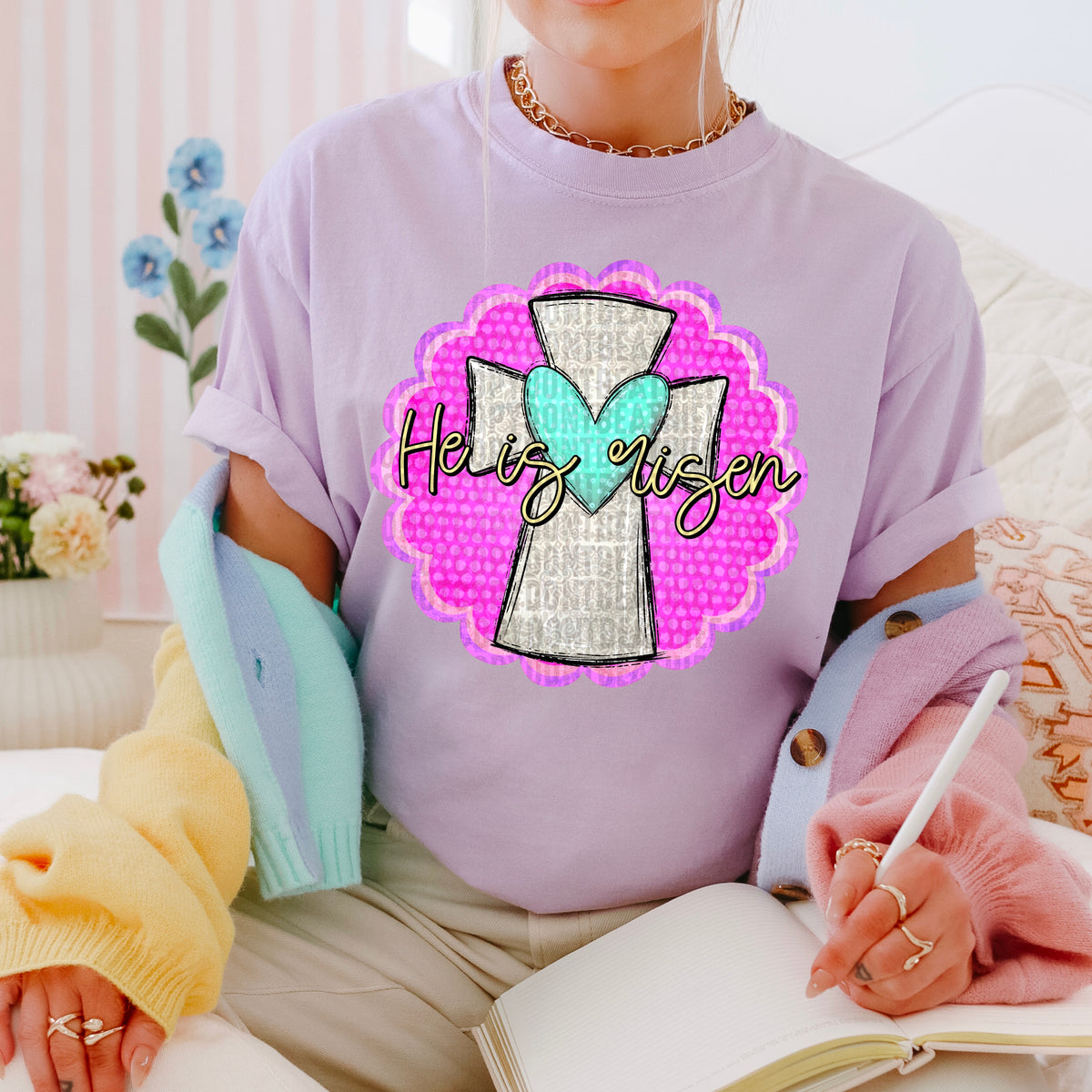 He is risen pink background 103749 DTF transfer