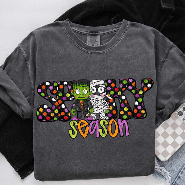 Spooky Season polka dot mummy and Frankenstein (city) DTF transfer