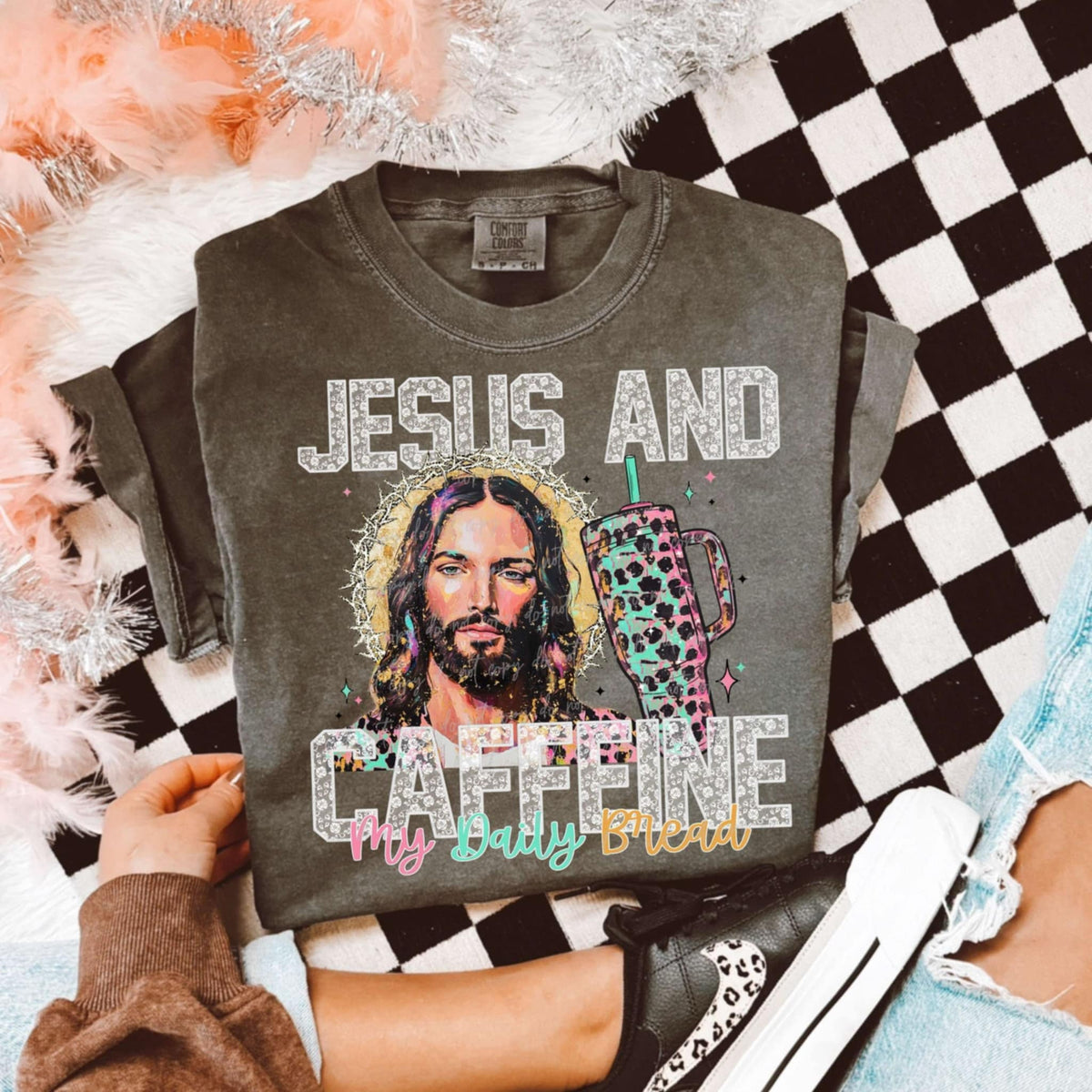 Jesus and caffeine my daily bread white and colorful font 93934 DTF transfer