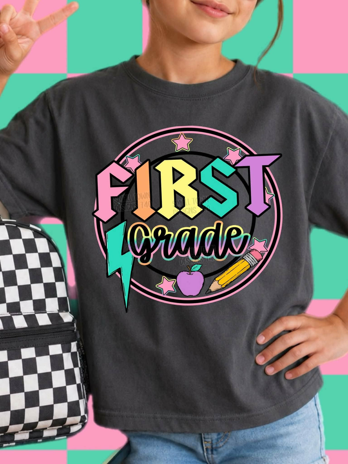 First grade lightning colorful bolt retro circle with stars (STD) DTF Transfer