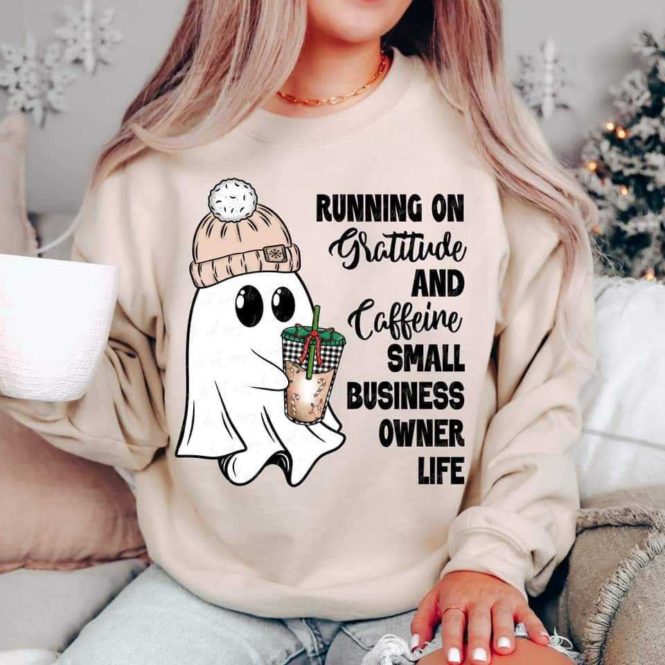 Running on gratitude and caffeine small business owner life (VIRGO) 70614 DTF transfer