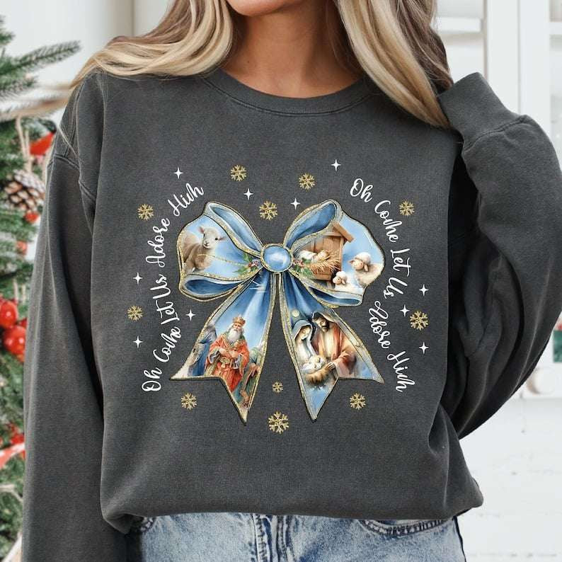 Oh come let us adore him bow white font 67904 DTF transfer