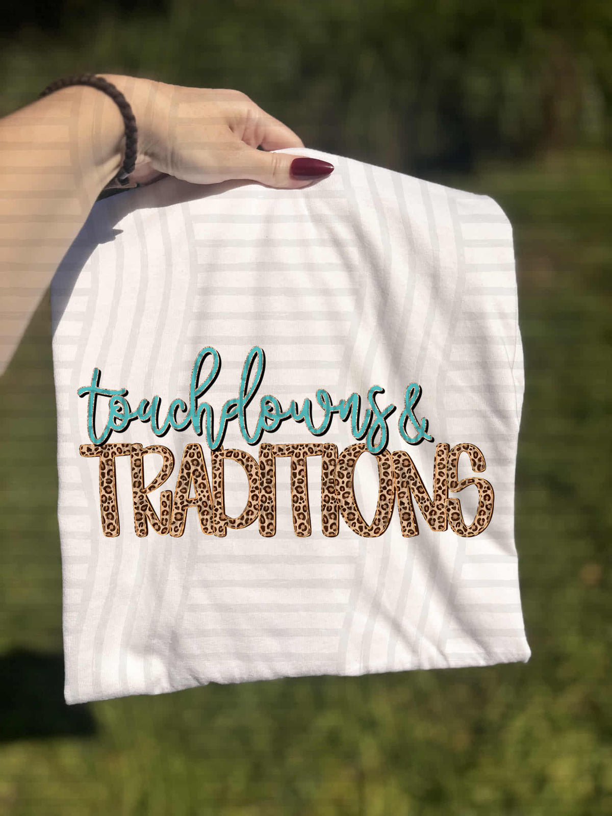 Touchdowns and traditions teal and leopard (caplinger) DTF transfer