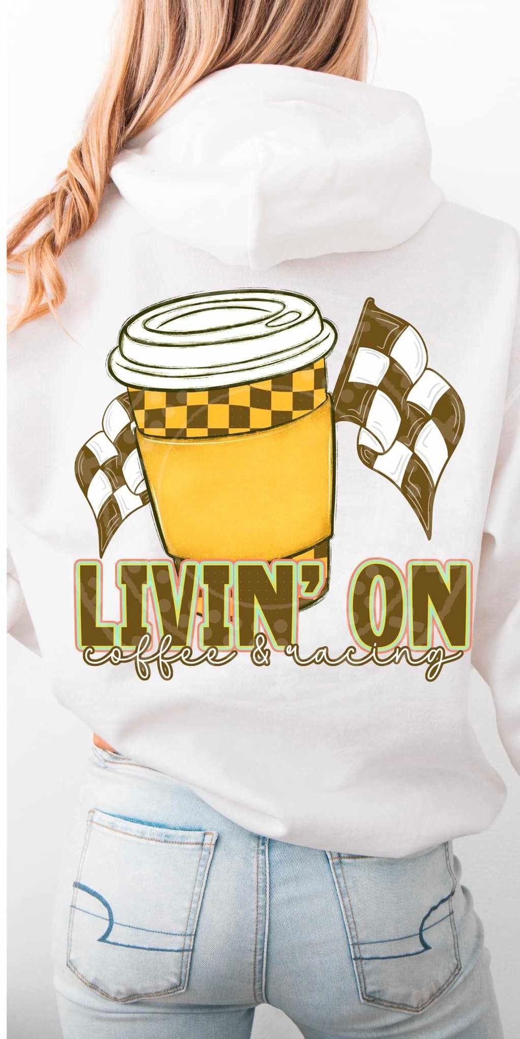 Livin’ on coffee & racing 84251 DTF transfer