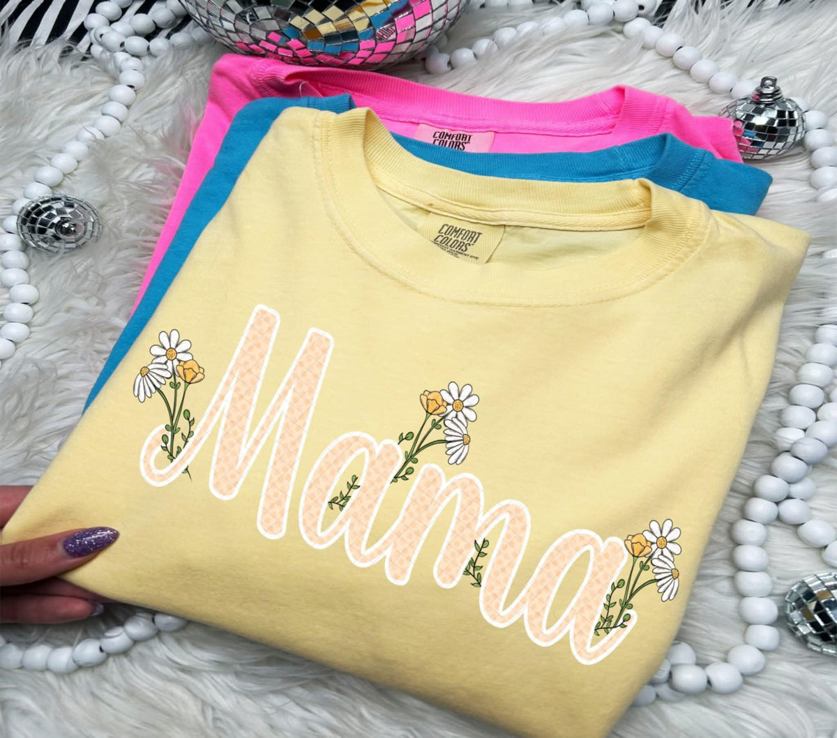 Mama spring flowers polka dots white outline (Linda) 107843 DTF transfer