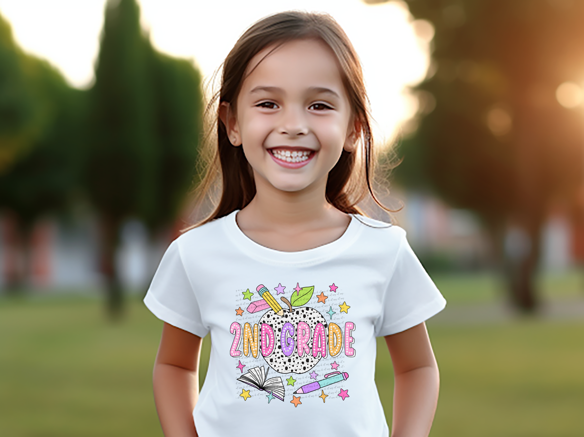 2nd grade apple rainbow polka dots 49752 DTF transfer