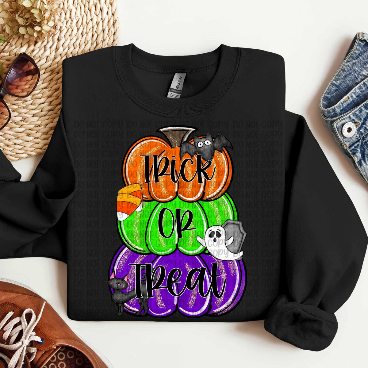 Trick or Treat Stacked Pumpkins with bat and ghost (VP) DTF transfer