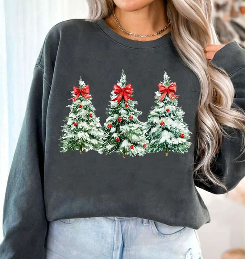 Christmas Trees with red bows DTF transfer