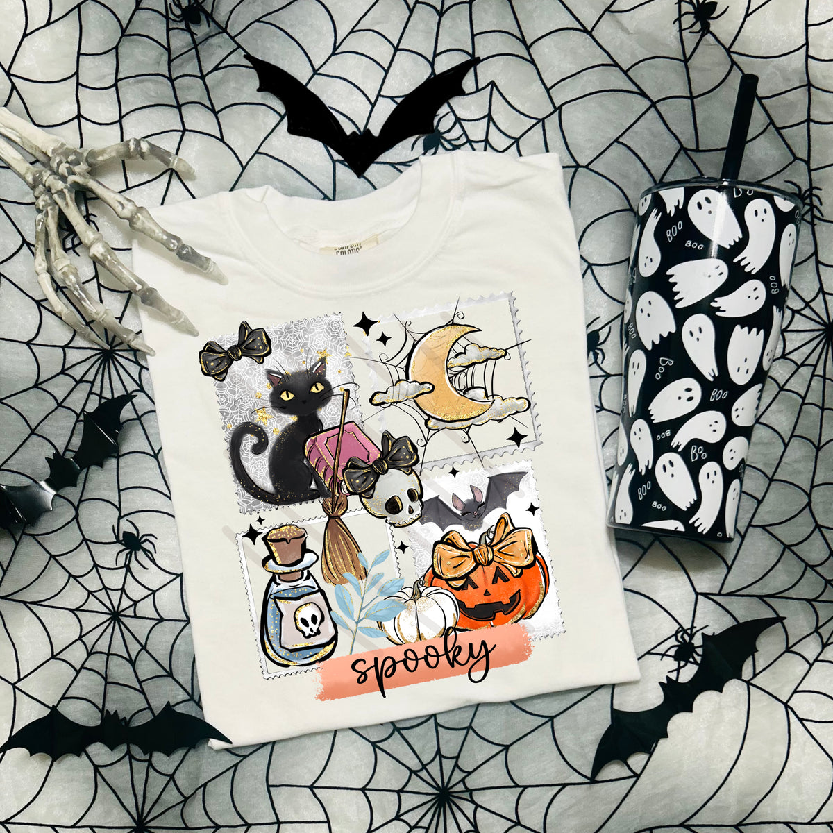 Spooky Halloween stamps cat pumpkin and skull DTF TRANSFER