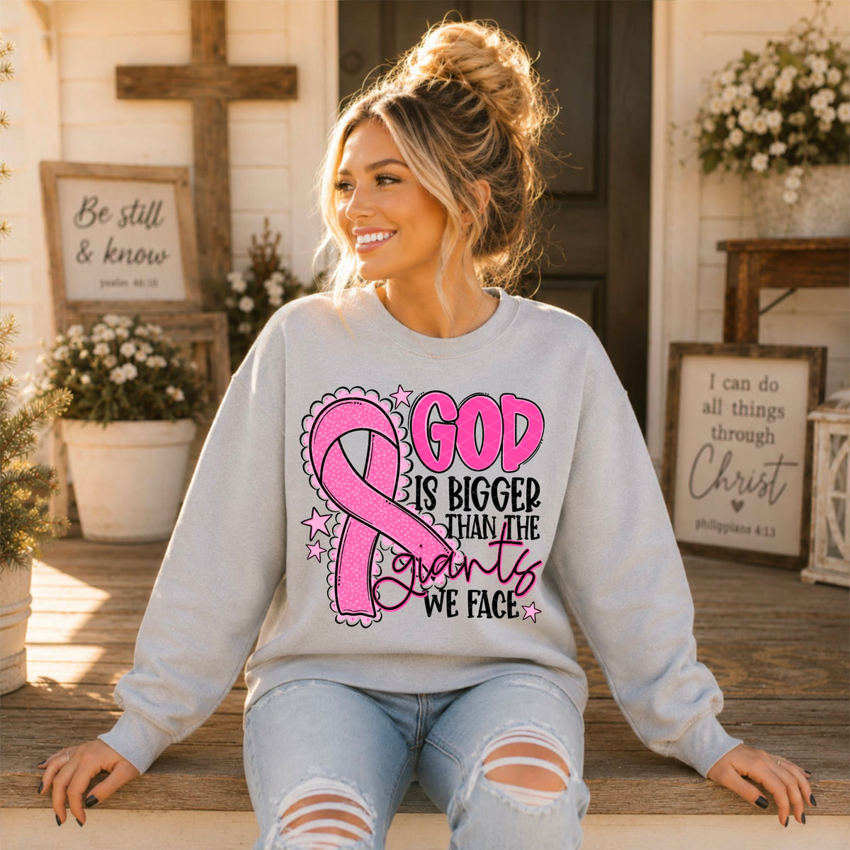 God is bigger than the giants we face PINK  ribbon (SDD) DTF Transfer