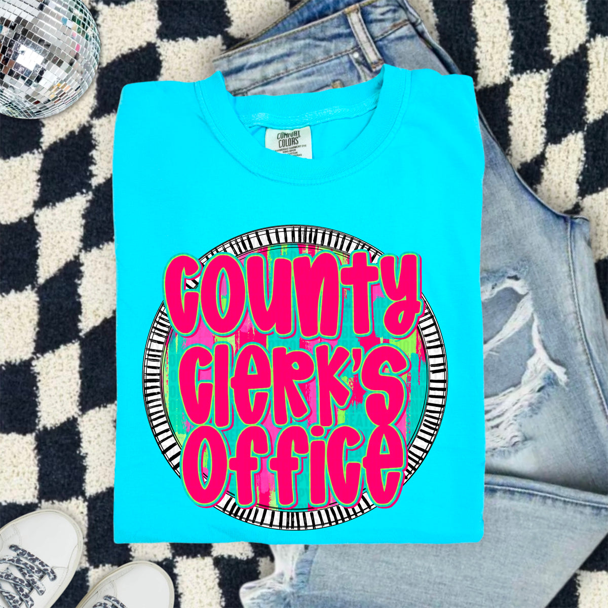 County clerks office pink font circle 103945 DTF transfer