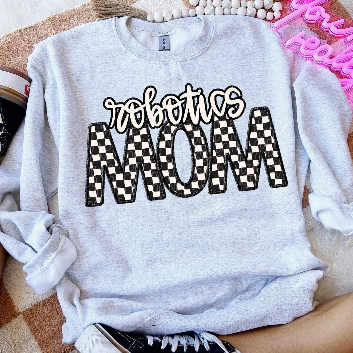 Robotics mom checkered city DTF transfer