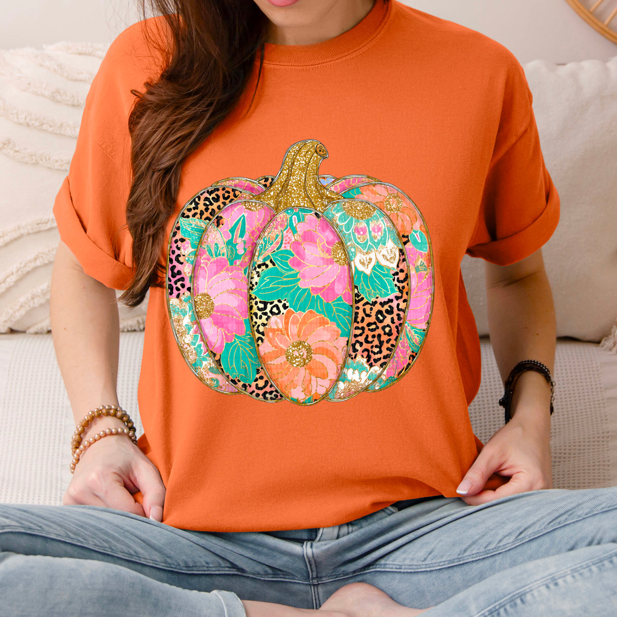 Floral Pumpkin with leopard DTF transfer