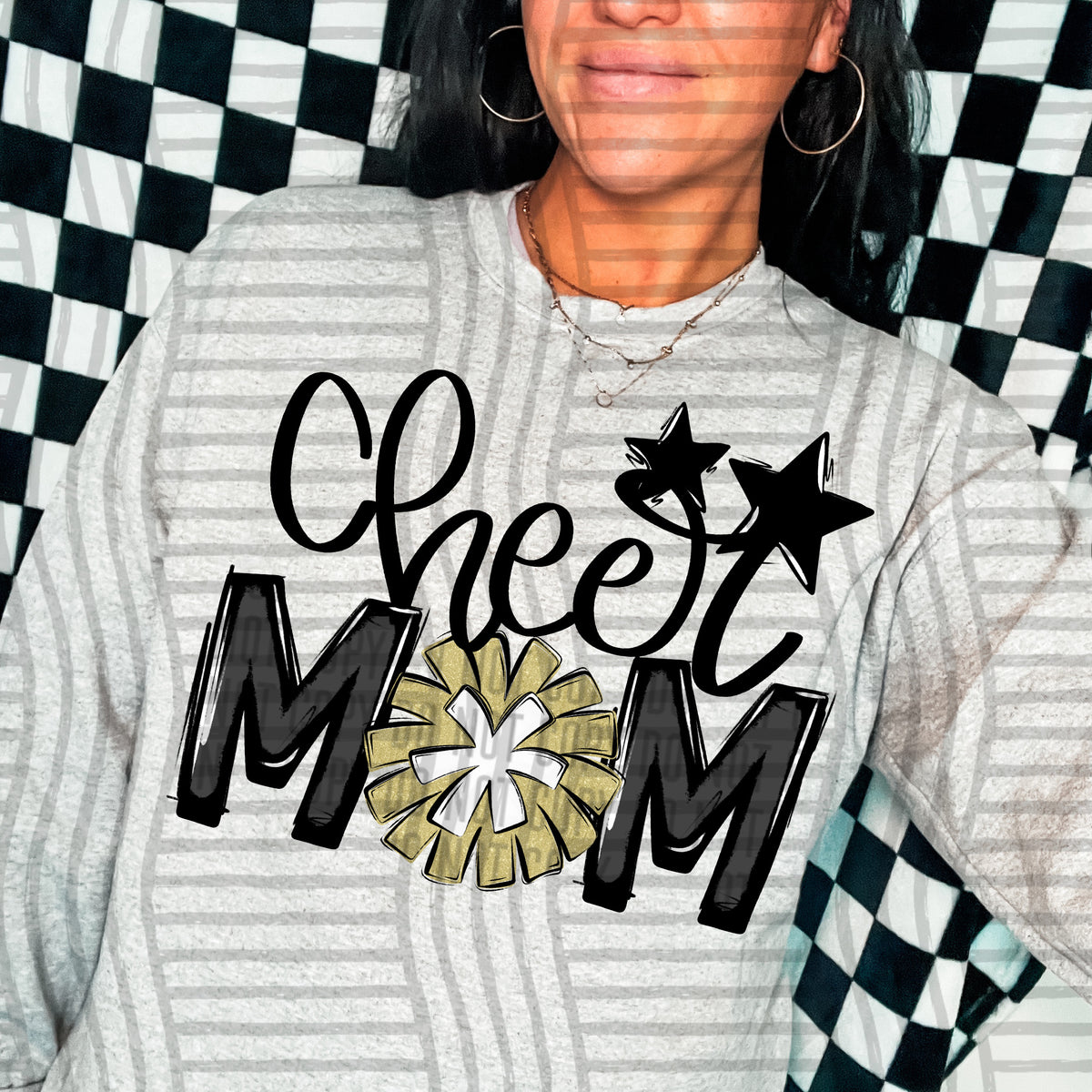 cheer mom black with gold pompom and stars (Caplinger) DTF transfer