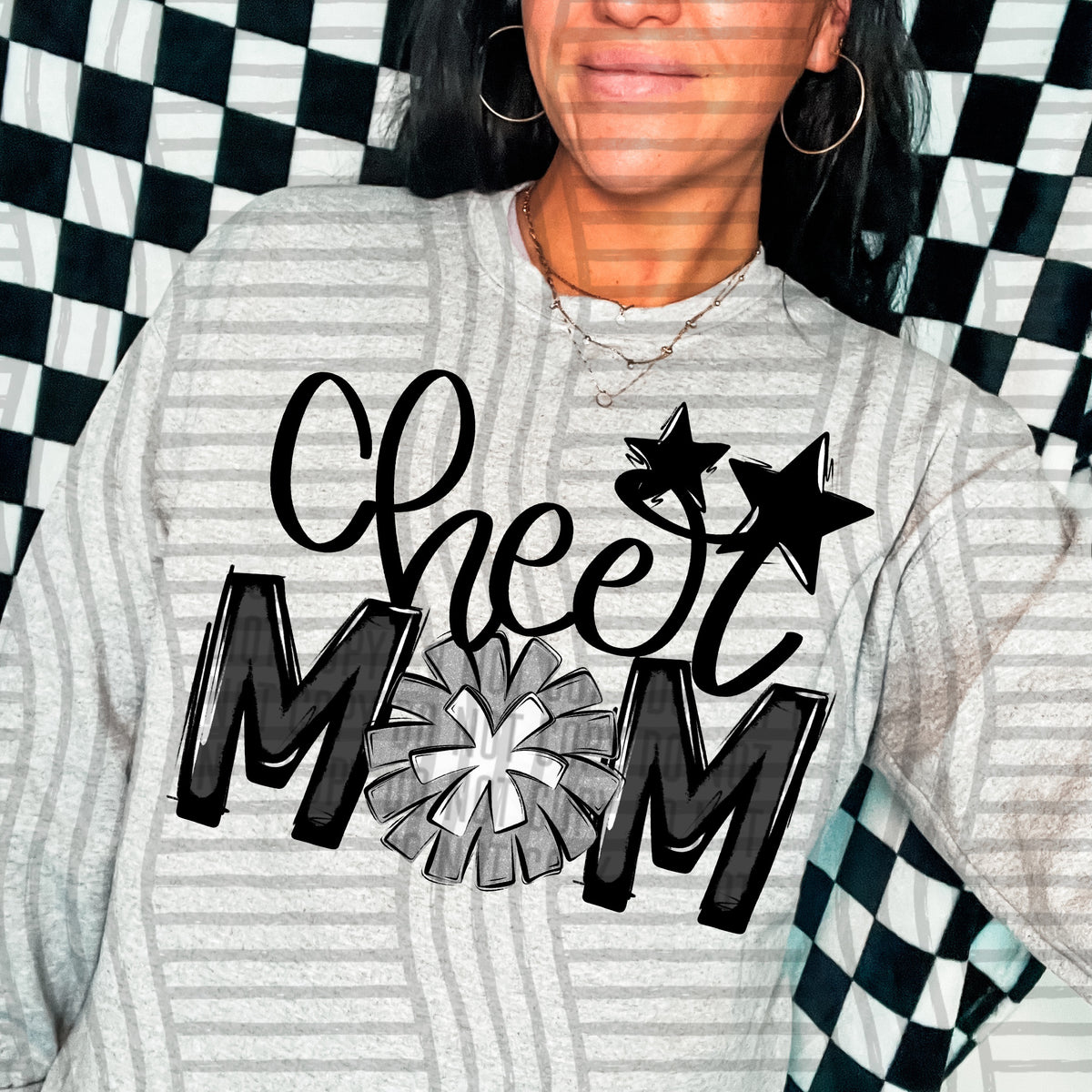 cheer mom gray black with silver pompom stars (Caplinger) DTF transfer