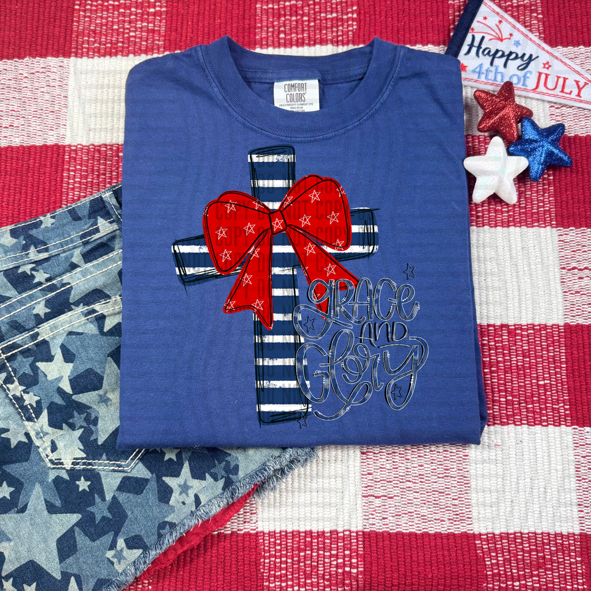 grace and glory blue and white cross with red bow (caplinger) DTF Transfer