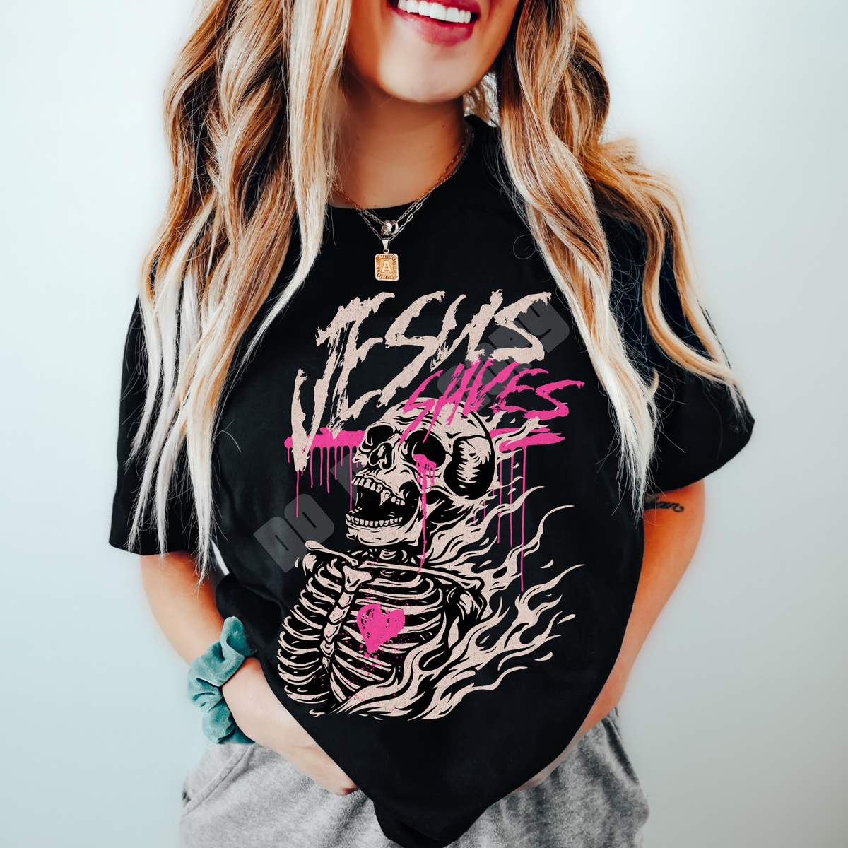 Jesus lives skelly pink lettering (Lyttle) DTF transfer