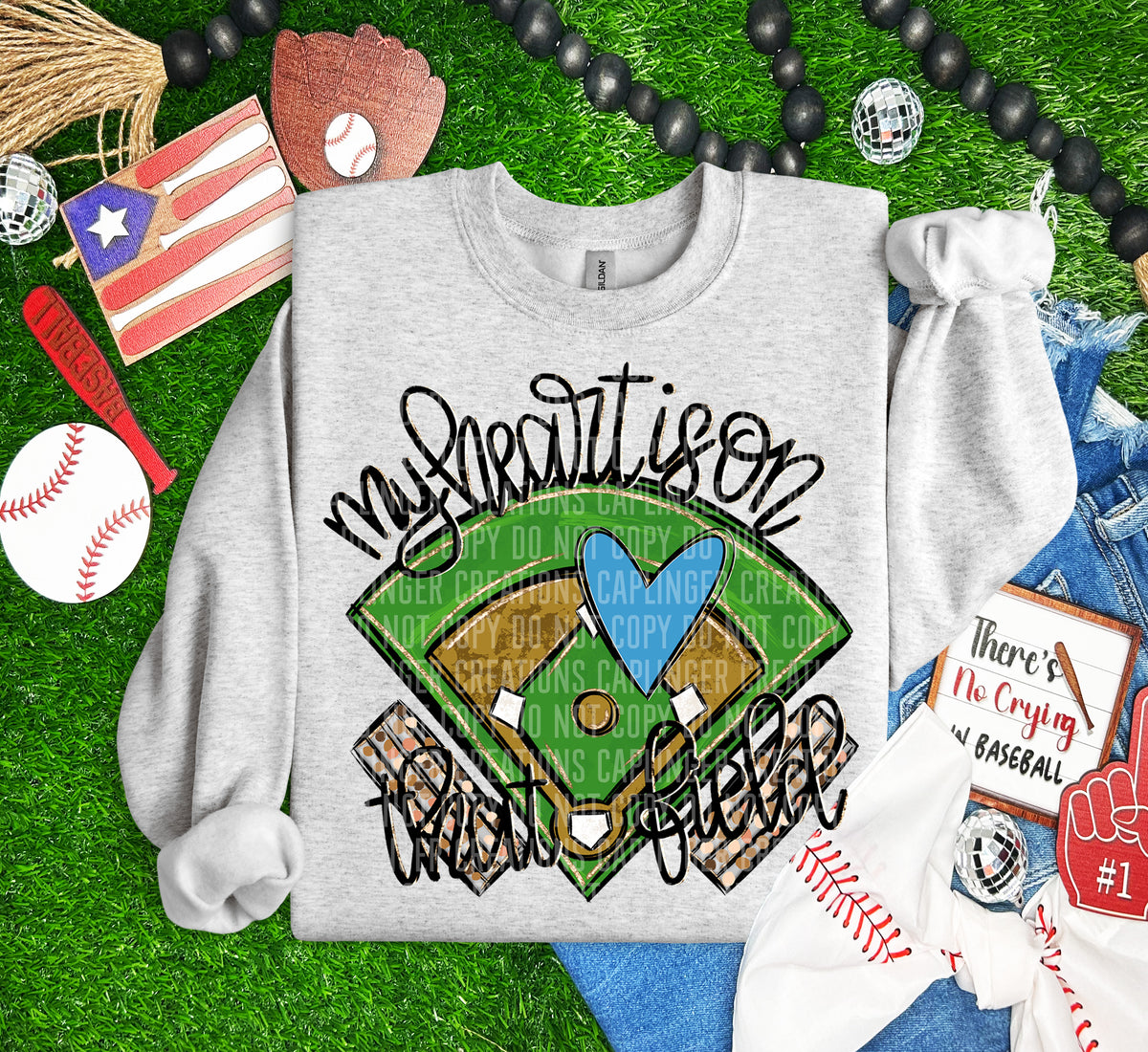 My heart is on that field BASEBALL light blue heart (Caplinger) DTF transfer