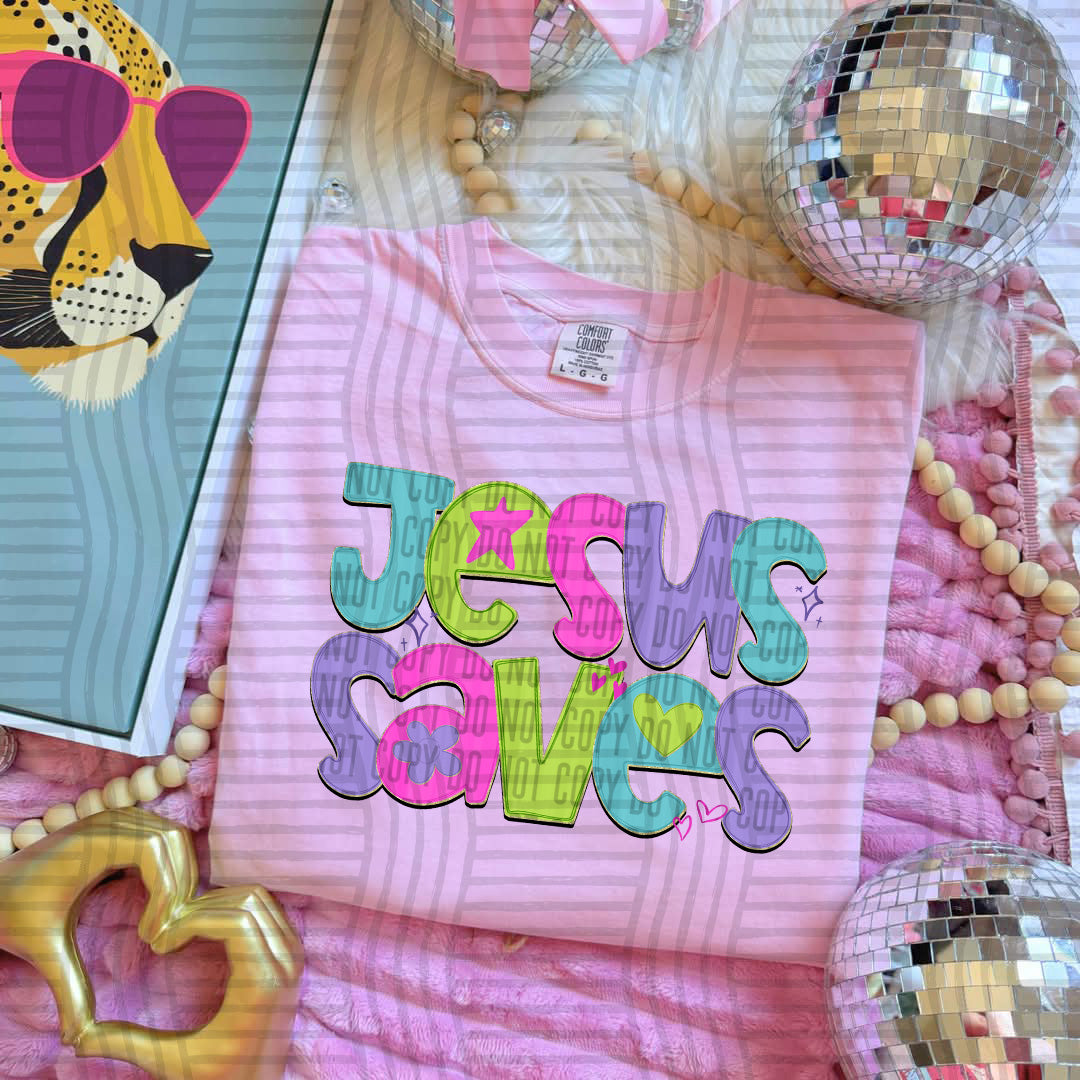 Jesus saves (teal,pink,green) (Caplinger) DTF Transfer