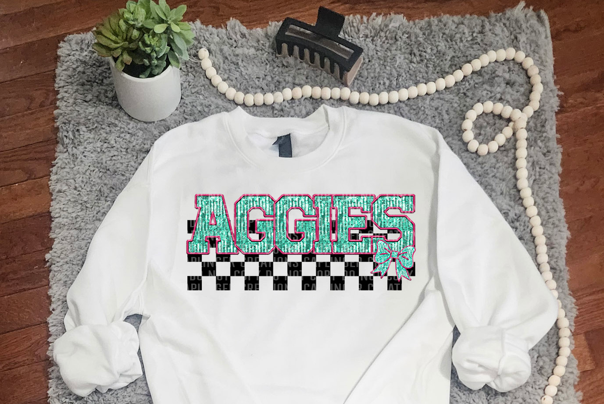 Turquoise And Pink Faux Embroidery Aggies 74060 DTF Transfer