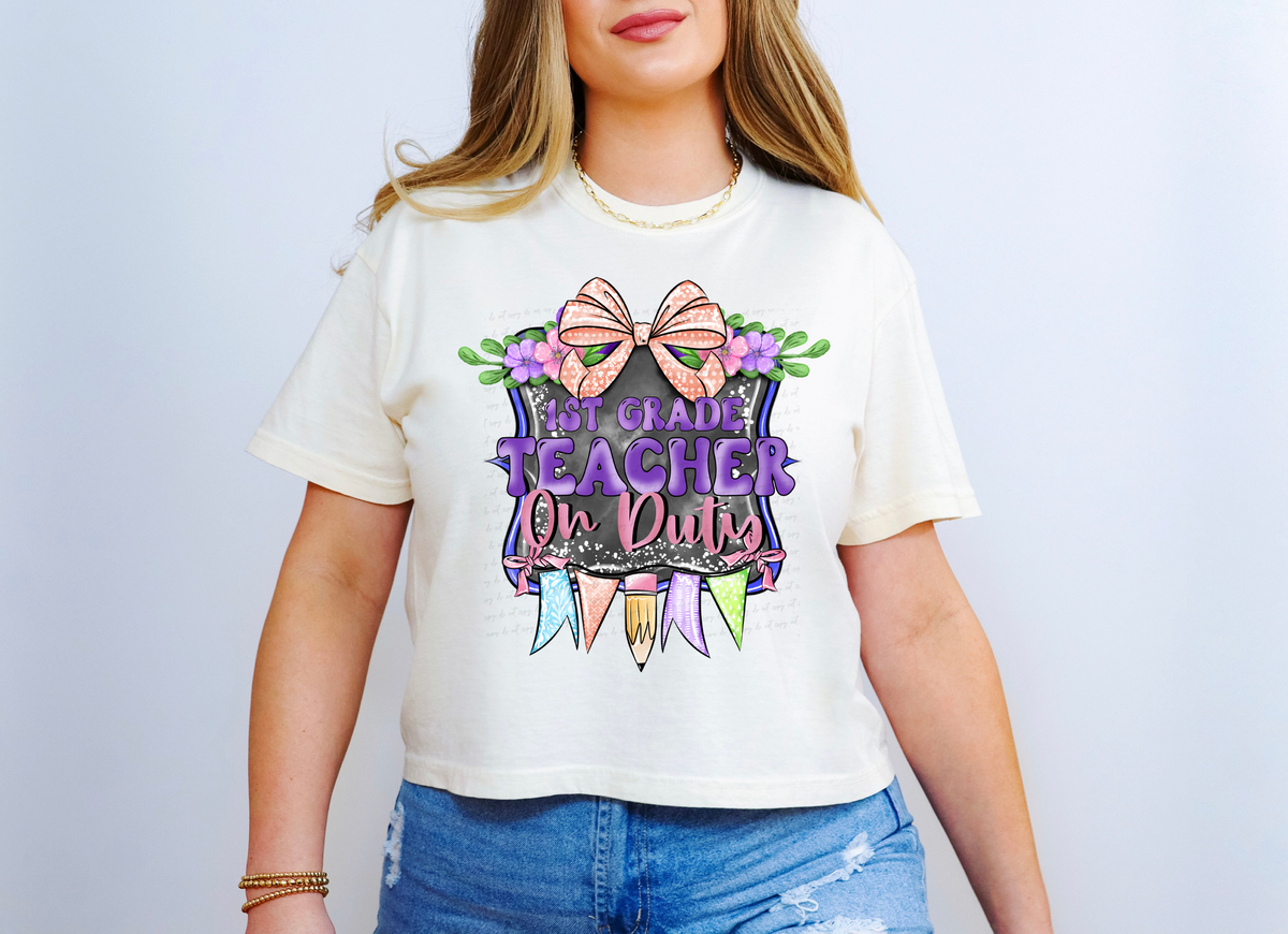 1st Grade Teacher On Duty Purple Frame with Bow and Pencil 115639 DTF Transfer