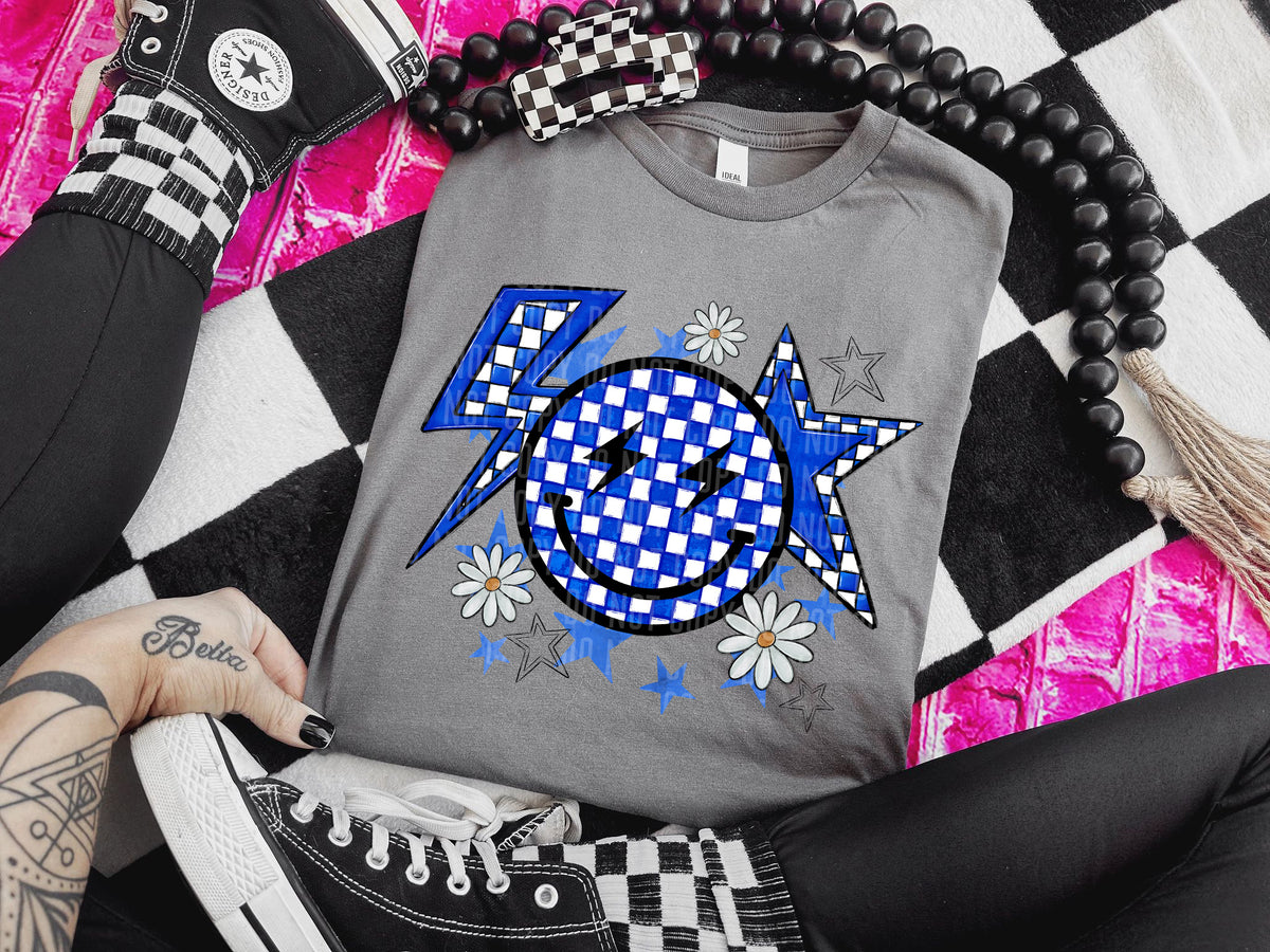 Checkered Smiley Bolt and Star BLUE (Caplinger) DTF transfer