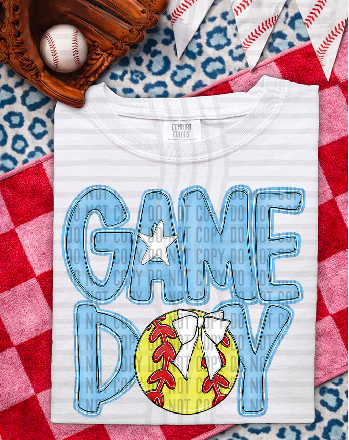 blue game day baseball with white bow (Caplinger) DTF Transfer