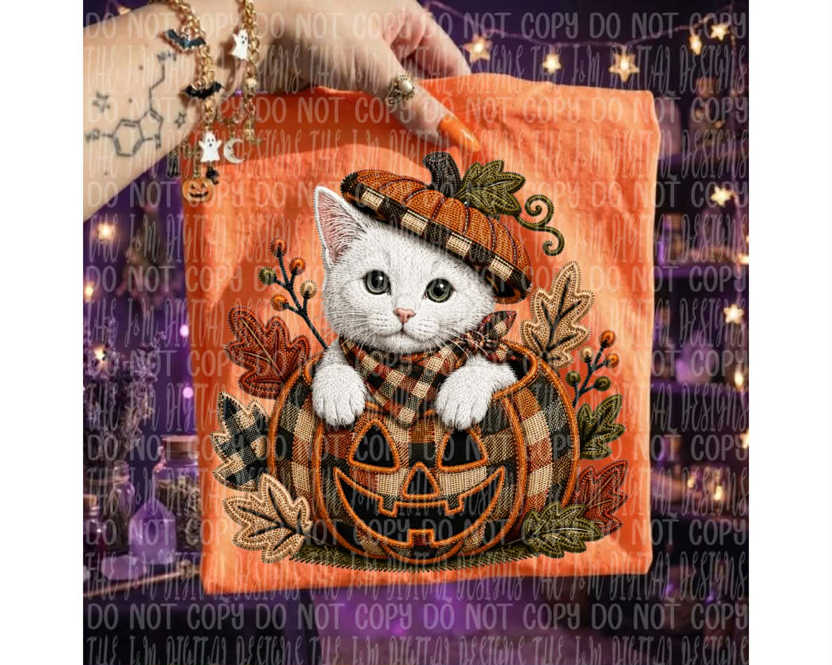 White cat in pumpkin (J&M) DTF transfer