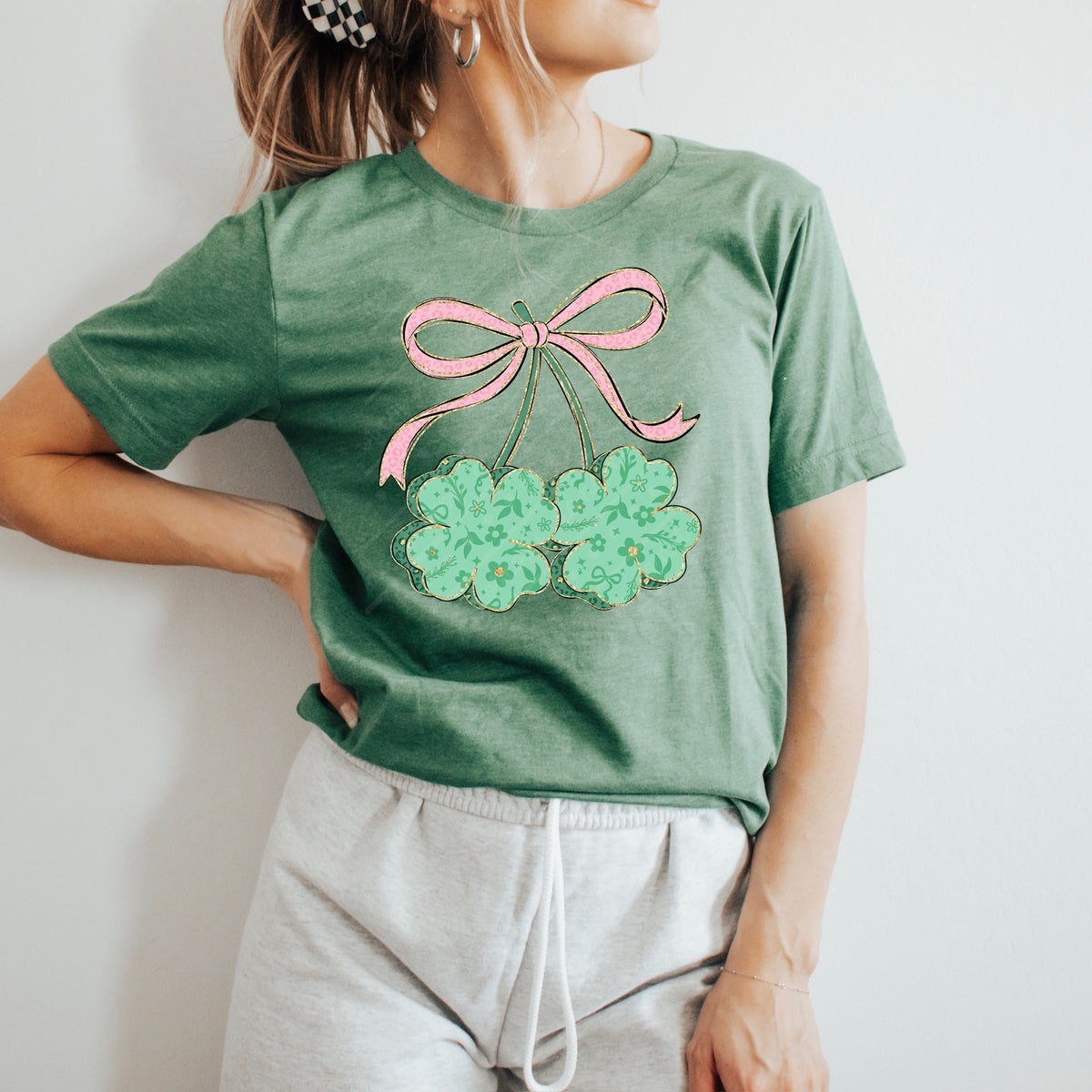 Pink bow shamrock cherries (with gold) (MZ) DTF Transfer