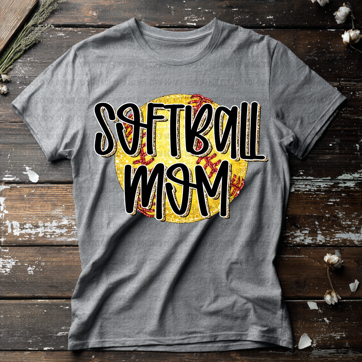 Softball mom faux glitter outline (ball background) (Revel) DTF Transfer