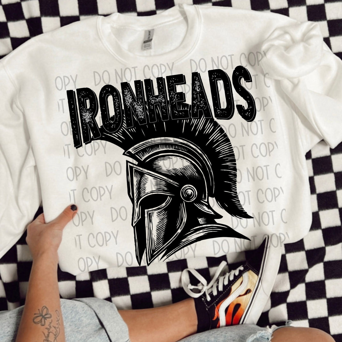 Ironheads black/white outline DTF transfer