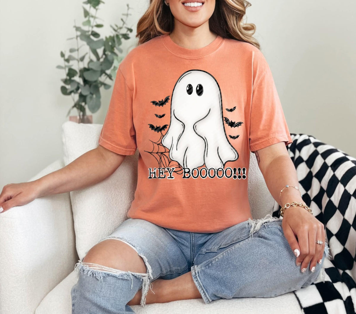 Hey Boo White ghost and bats (Linda) DTF Transfer