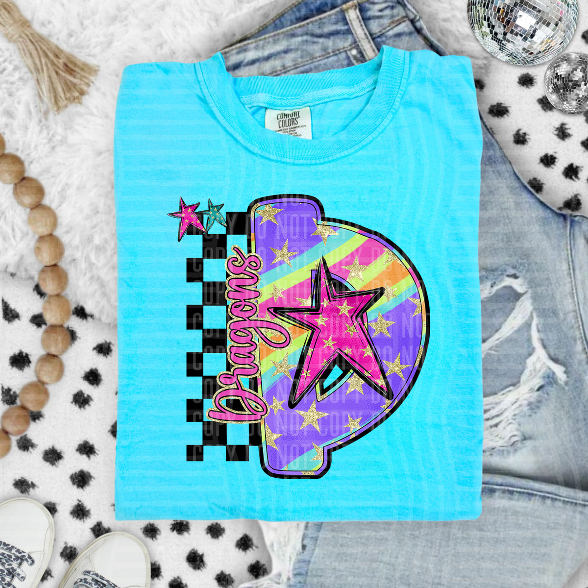 Dragons Colorful Retro Rainbow Letter D With Stars And Checker 108105 DTF transfer