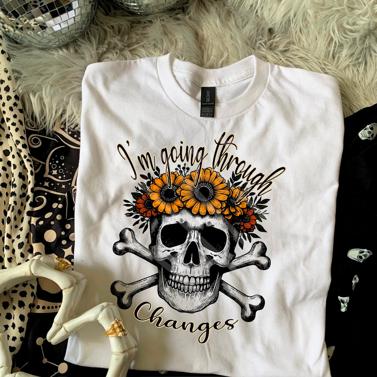 Im going through changes skull with yellow flowers 110767 DTF transfer