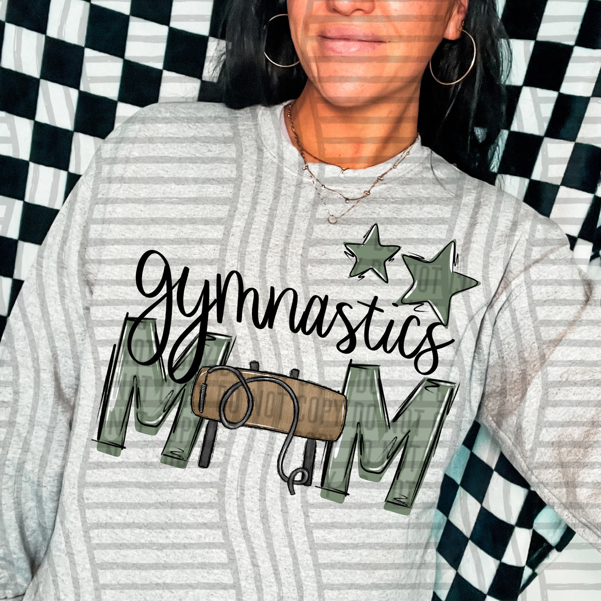 gymnastics mom gray sage green stars (Caplinger) DTF transfer