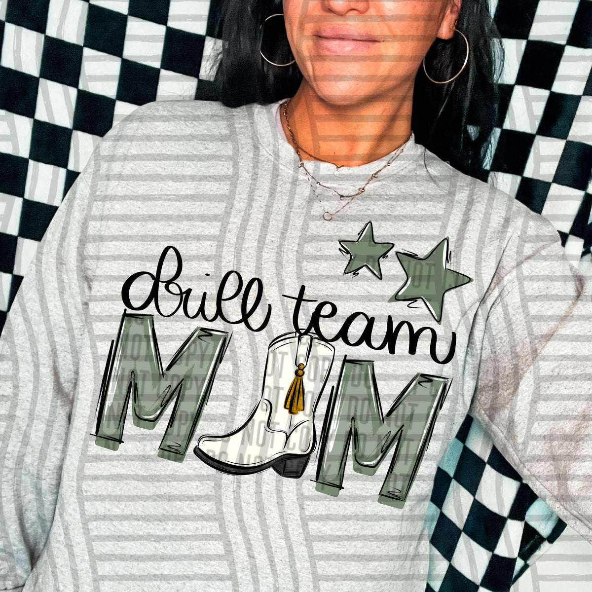 drill team mom gray sage green stars (Caplinger) DTF transfer