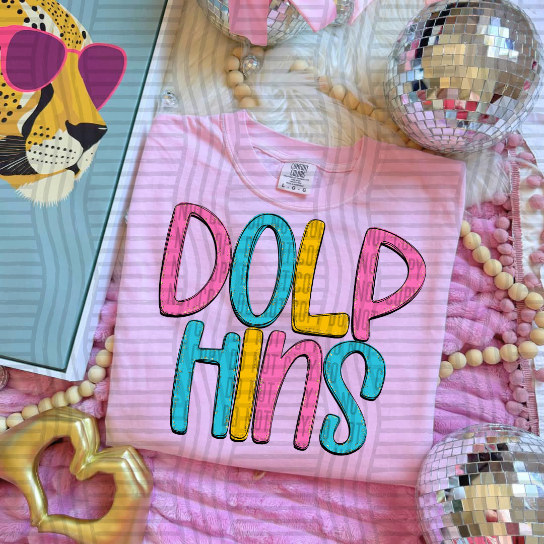 blue yellow and pink dolphins stacked (Caplinger) DTF Transfer