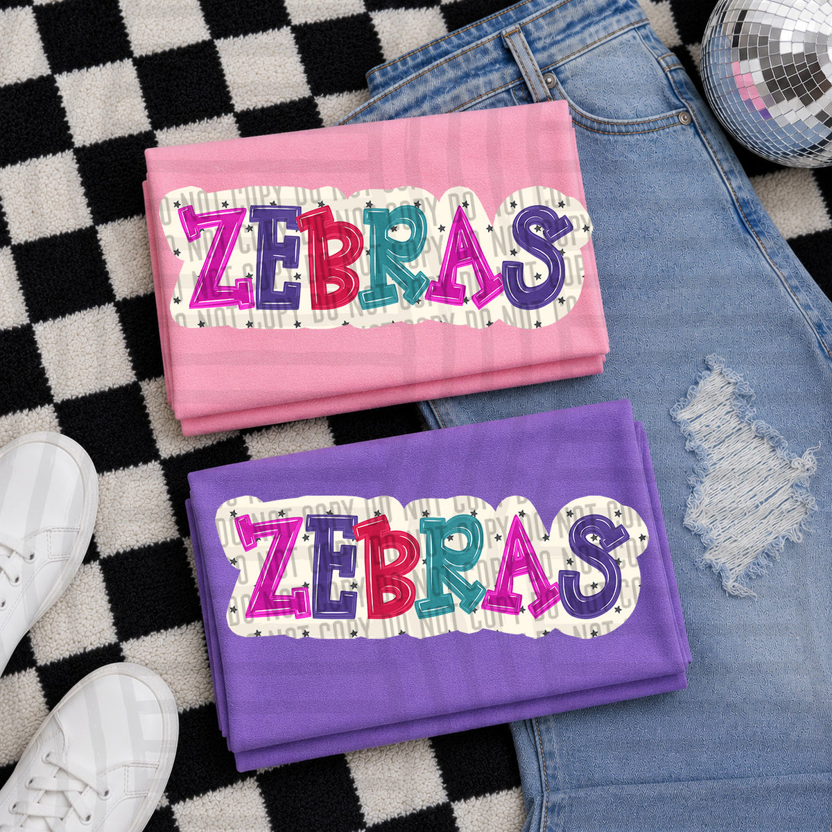zebras bubble around letters with small stars (Caplinger) DTF Transfer