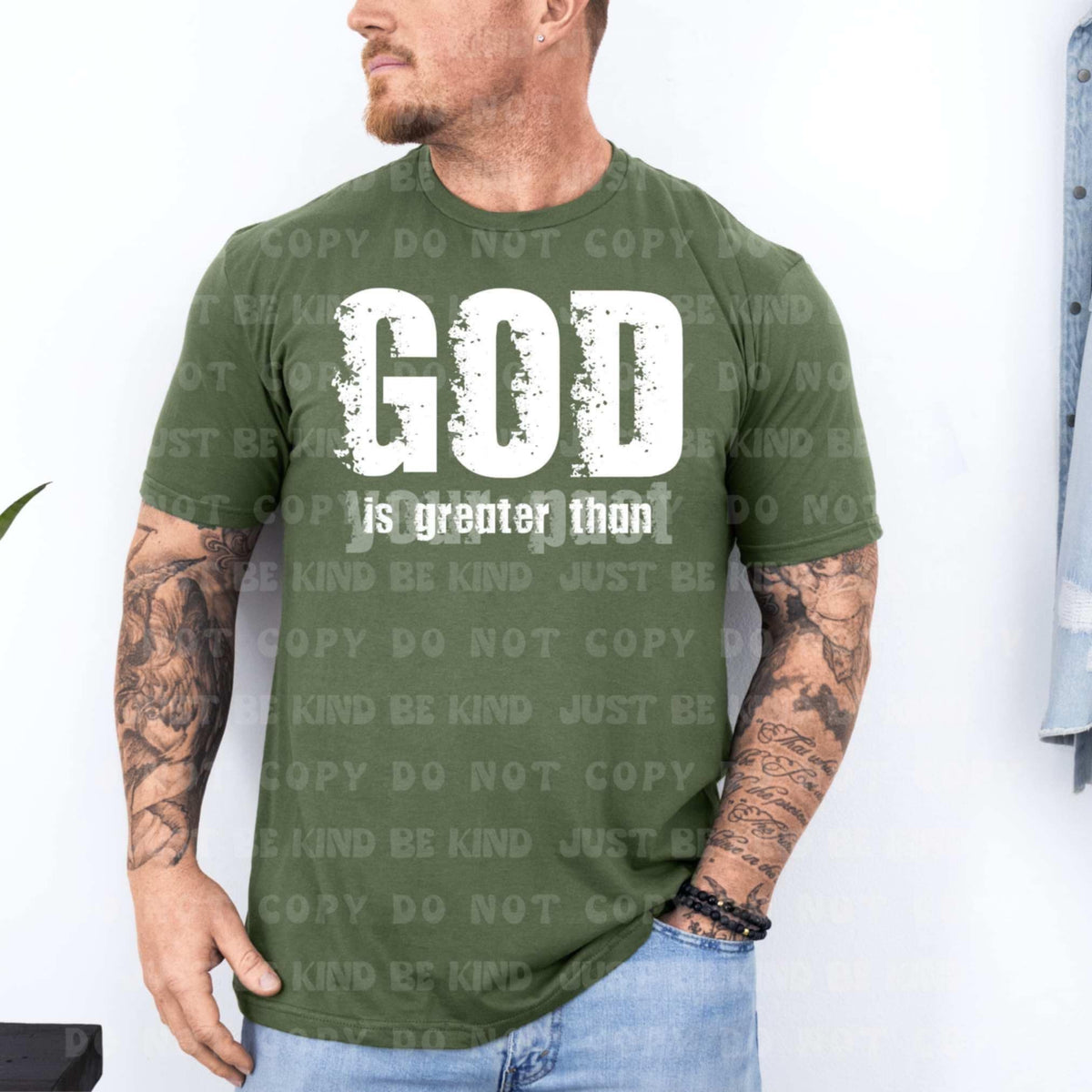 God is greater than your past white grunge (VLB) 87395 DTF transfer