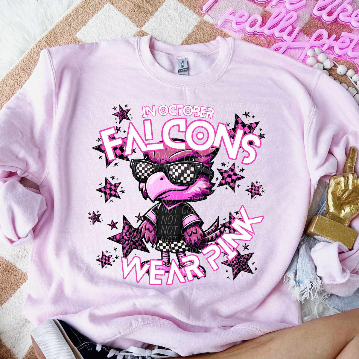 In October falcons wear pink mascot black glasses 60006 DTF transfer