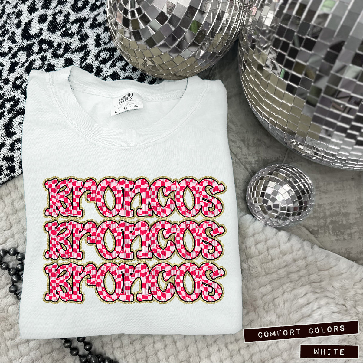 BRONCOS stacked pink checkered (Caplinger) DTF transfer