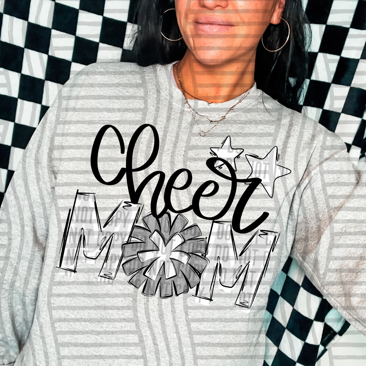 cheer mom white with silver pompom and stars (Caplinger) DTF transfer