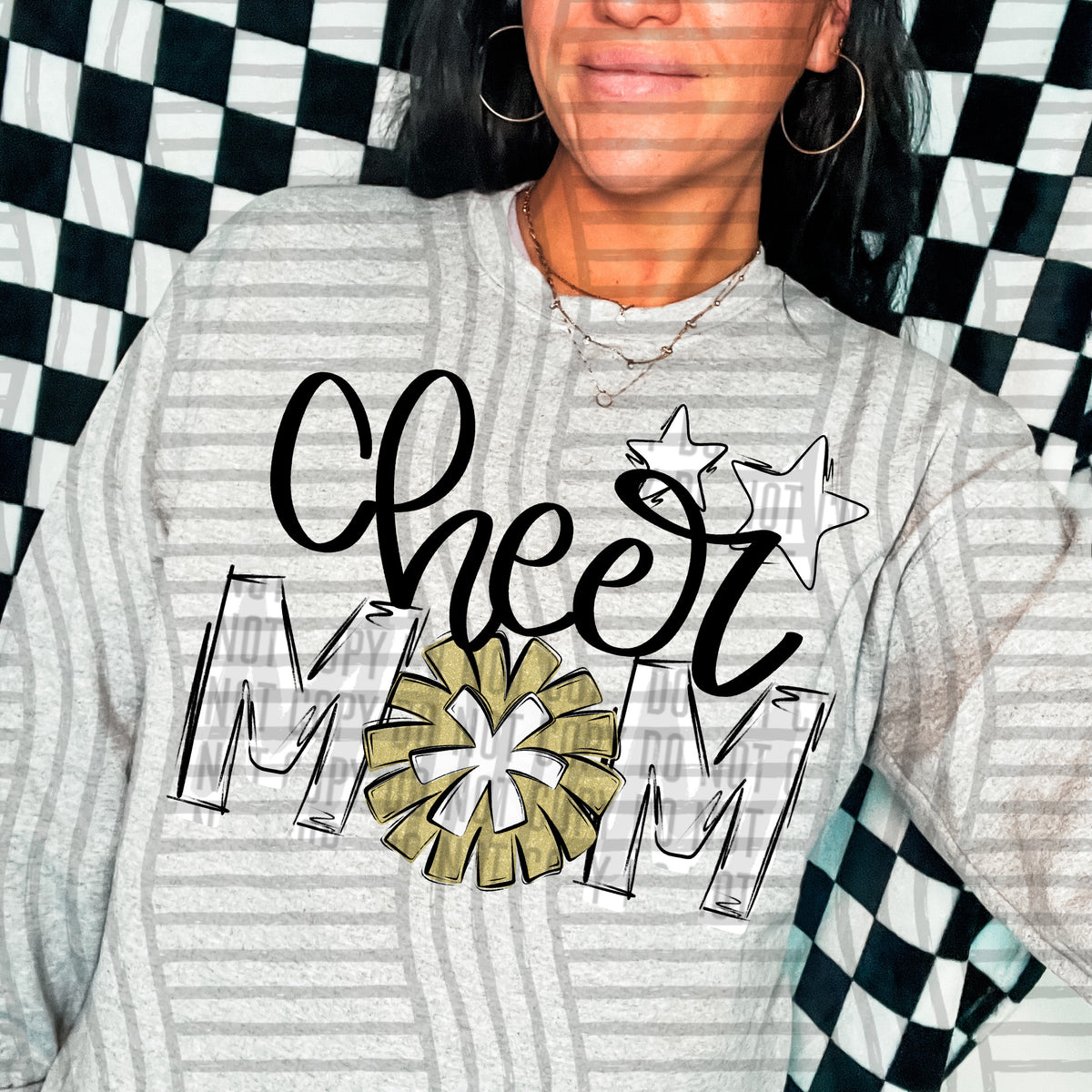 cheer mom white with gold pompom and stars (Caplinger) DTF transfer