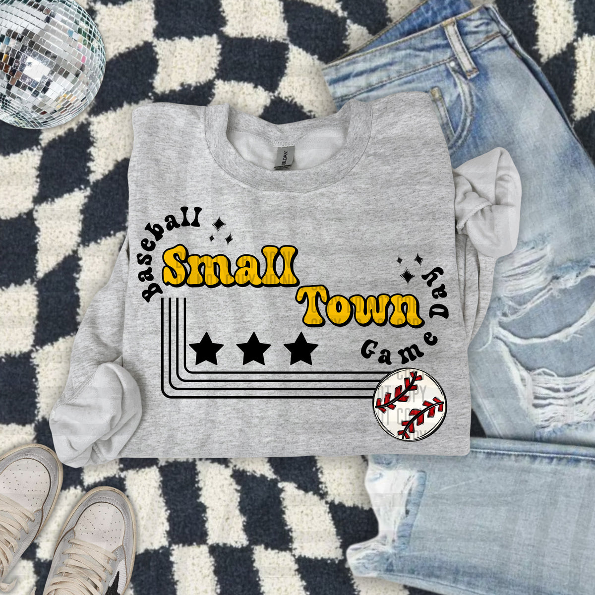 Small town baseball with stars YELLOW (Caplinger) DTF Transfer