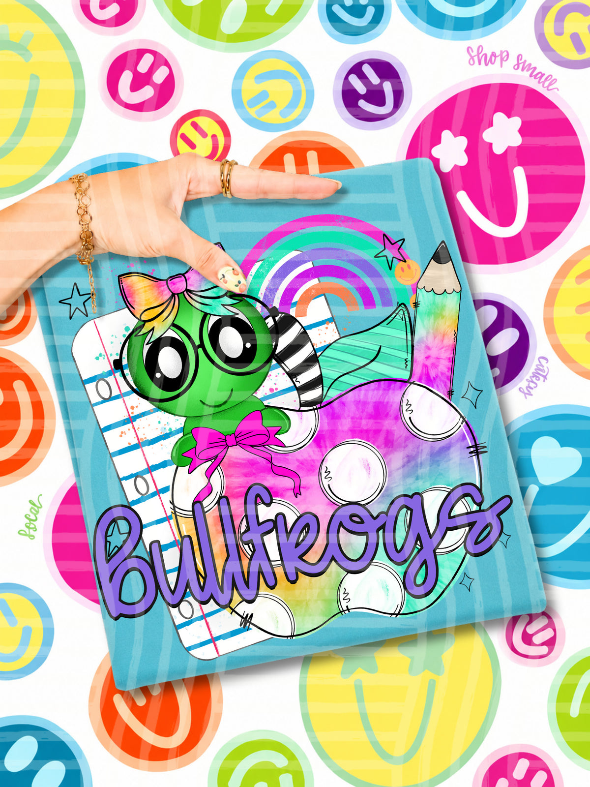 bullfrogs tie dye apple with white dots & green bug (CAPLINGER) DTF Transfer