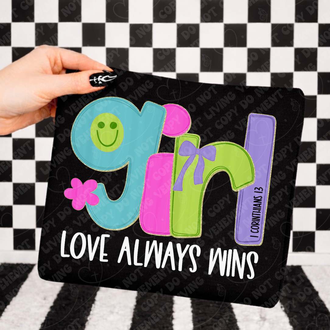 Love always wins girl happy face WHITE (Vehement) DTF Transfer