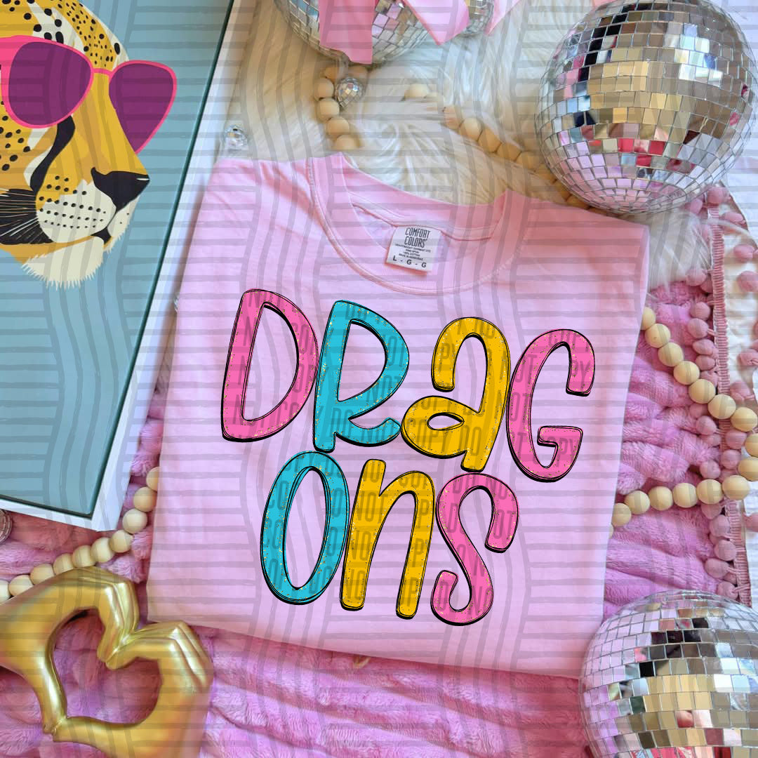 blue yellow and pink dragons stacked (Caplinger) DTF Transfer