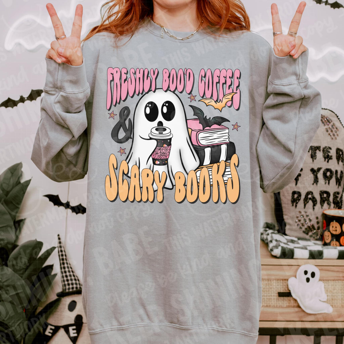 Freshly Boo’d Coffee and books ghost (two peas) 113149 DTF transfer