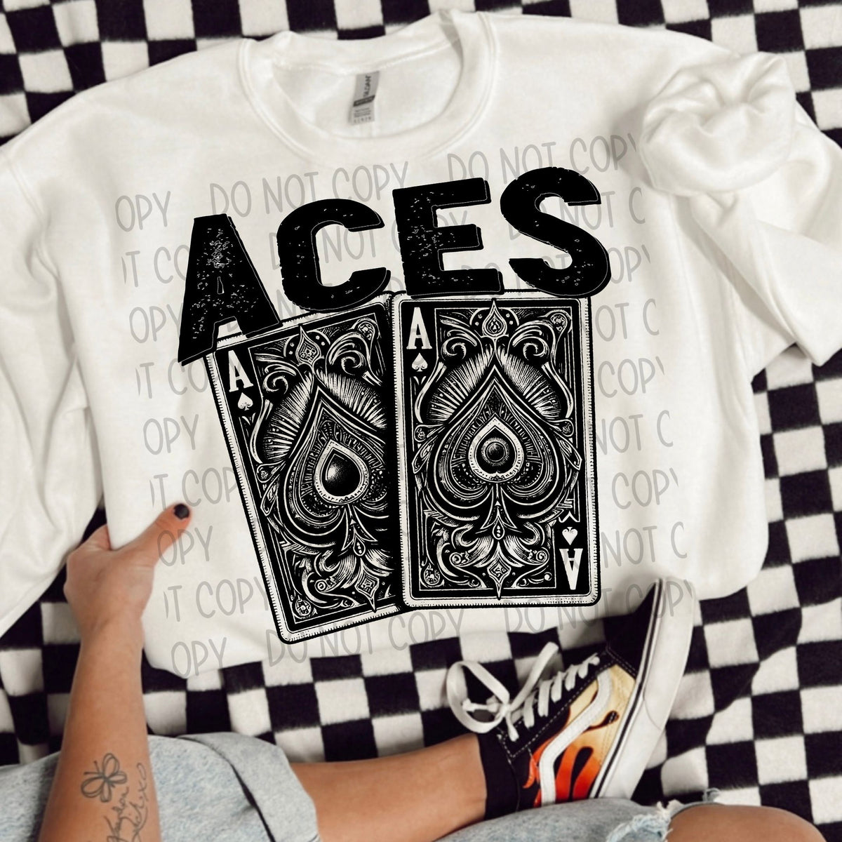 Aces black/white outline DTF transfer